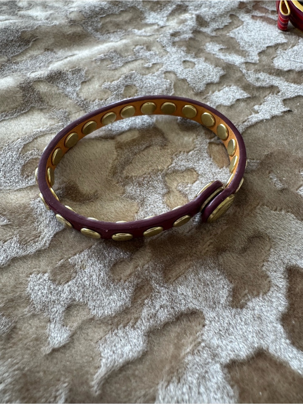 Coach Leather Studded Bangle Bracelet in Burgundy with Gold Accents